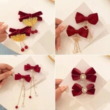 小女孩流蘇蝴蝶結髮夾，適用於幼兒女孩的雙馬尾、側瀏海和所有髮型 - 酒紅色 - 查看 1