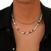 1套男士雙層不銹鋼鍊彩色眼睛和珍珠項鏈 - 銀色 - 查看 1