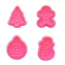 4pcs Christmas Cookies Stamp, Baking Tools Embossed Cookie Cutter, Biscuit Mold - Pink - View 3