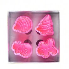4pcs Christmas Cookies Stamp, Baking Tools Embossed Cookie Cutter, Biscuit Mold - Pink - View 2