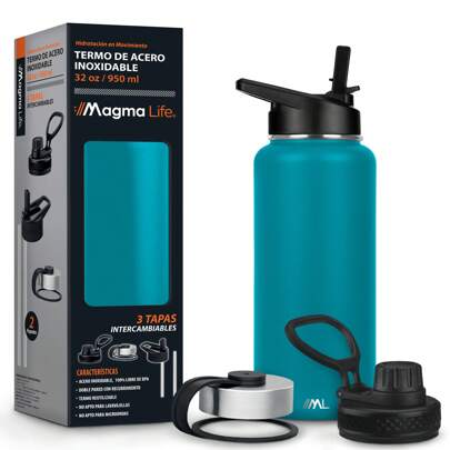 Termo para Café y Agua de Acero Inoxidable 32 Oz (950 ml): Contiene 3 Tapas para Diferentes tipos de Bebidas, Ideal para Mantener la Temperatura Deseada (Capri Blue)