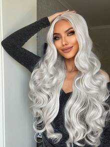女士银灰色合成蕾丝前假发 13*3*1 T 型部分高清透明蕾丝前假发 30 英寸超长波浪合成蕾丝前假发 蓬松身体波浪蕾丝前假发 自然预拔完美发际线 高清蕾丝假发 中分造型 无胶耐热替换假发 高温优质合成纤维假发 日常角色扮演假发 节日万圣节感恩节圣诞节派对假发和 1 件假发帽 - 銀色 - 查看 3