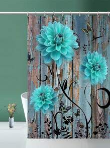 1pc Blue Rose Flower Pattern Shower Curtain, Modern Style Polyester Printed Waterproof Bathroom Curtain Dividing Partition, Water-Resistant And Mildew-Proof, Bathroom Window Curtain - Multicolor - View 3