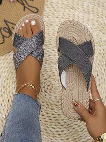 女式圓頭低跟平底涼鞋,夏季戶外度假休閒舒適抗滑平底拖鞋 - 黑色 - 查看 4