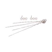 Beppin-komachi 3 Faux Pearls & Long Back Chain Earrings - Silver - View 3