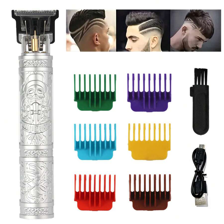 T9 Skull Printed Fast Charge Hair Clipper With Colorful Comb, Usb Rechargeable Electric Hair Trimmer For Home Use, Suitable For Men Trimming Hair, Beard, Etc. (Accessories Color Random) - White - View 1