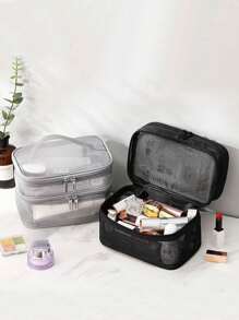 1pc Double Layer Mesh Makeup Bag, High Capacity Portable Travel Toiletry Bag - Grey - View 1
