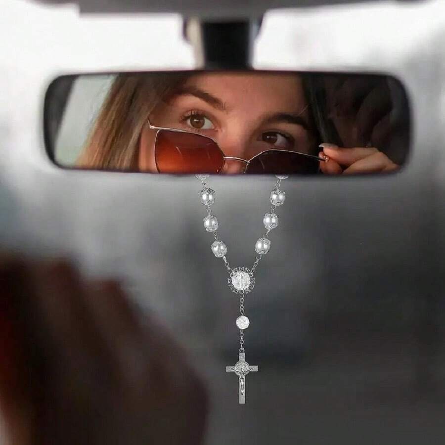 1pc Car Rearview Mirror Pendant Decoration Cross Auto  Car Hanging Accessories Add A Touch Of Elegance ToYour Car's Interior - Silver - View 1