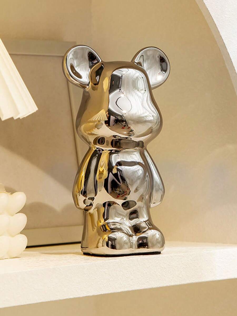 1只銀色陶瓷豪華熊餅雕像,高端客廳軟裝飾品,電視櫃、酒櫃,可愛卡通熊玩具 - 一隻銀色小熊 - 查看 1