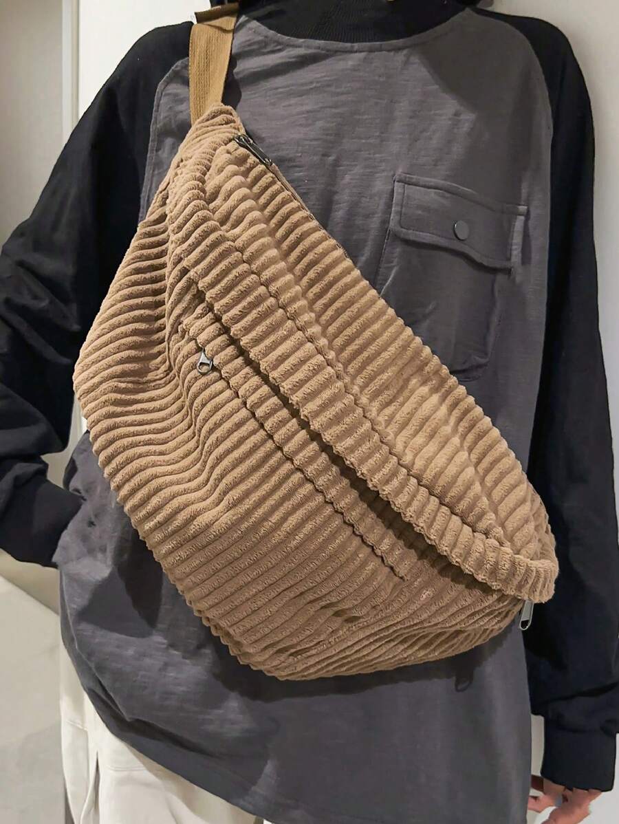 時尚簡約大容量鍵釦灯芯绒胸包/腰包/肩包,適用於通勤、學習、商務出差、旅行等情況。褲袋胸包斜挎包書包男士情人節禮物 - 棕色 - 查看 1