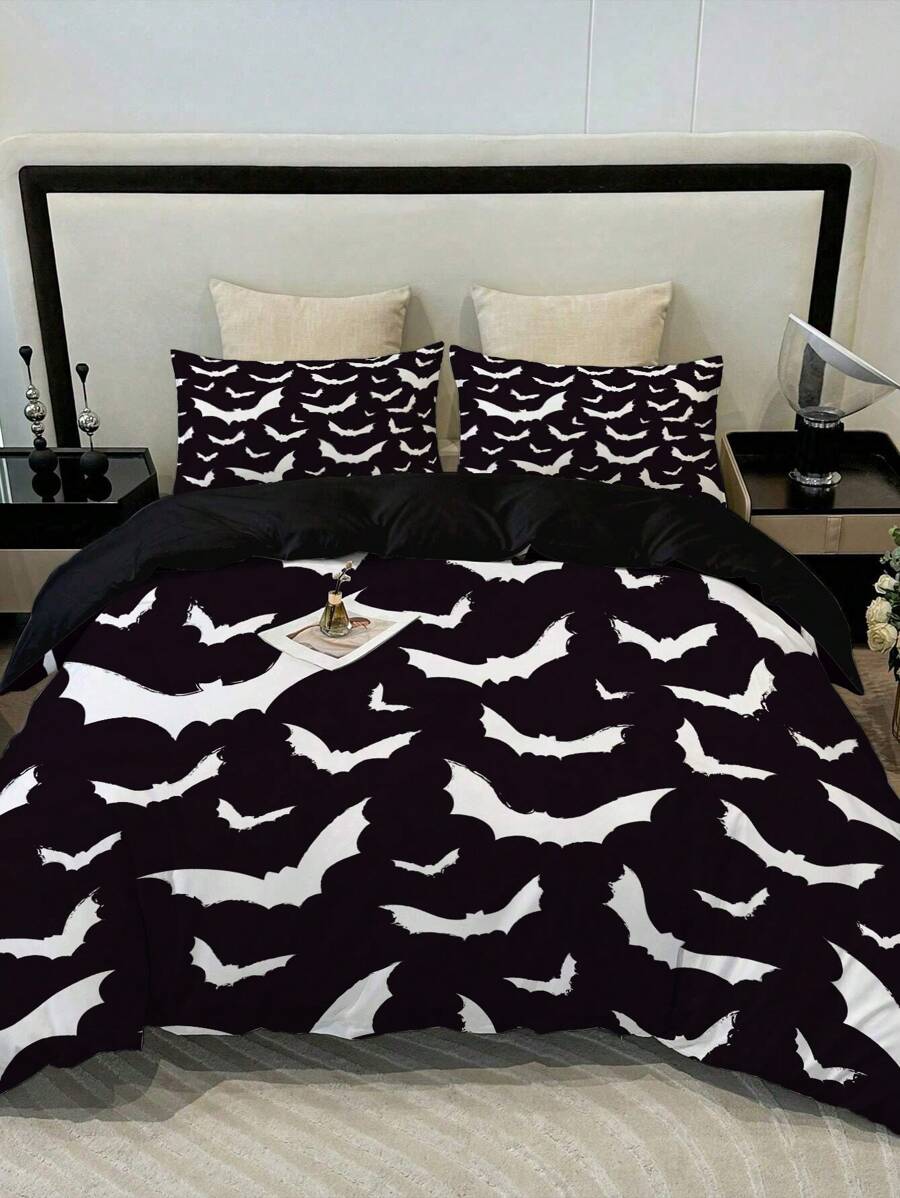3入組黑白飛蝙蝠涤纶被套套裝 - 舒適溫馨的臥室和宿舍寢具（包括1個被套和2個枕套，不含內芯） - 黑與白 - 查看 1