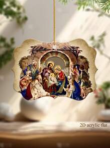 1pc Wooden House Baptism Scene Acrylic Wave Square Pendant With Gold Cord, Perfect Gift For Family And Friends, Suitable For Service, Holiday Promotion, Creating Festive Atmosphere, Festive Decoration Hanging Pendant, Christmas Tree Decoration Hanging Pendant - Multicolor - View 1