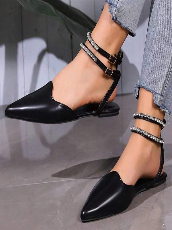 European And American Style Pointed Toe Flat Sandals With Rhinestone Buckle Strap