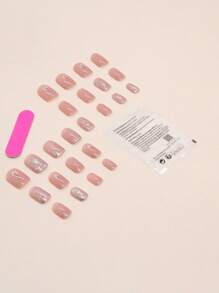 24 Pieces Of Short Square Daily Cute Glitter Butterfly Wearable Fingernails + 1 Rubbing Strip + 1 Jelly Glue Press On Nails Nail Supplies