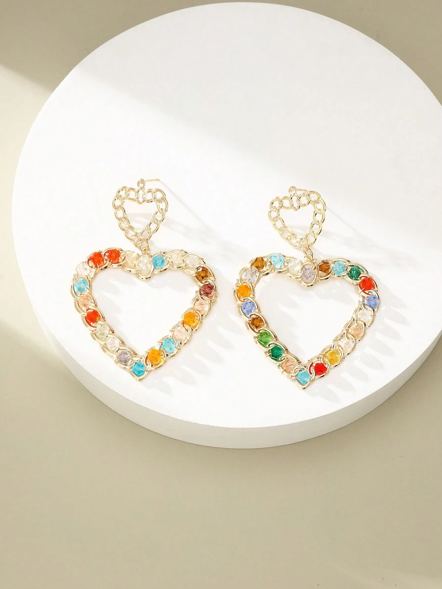 1 Pair Exaggerated Geometric Crystal Bead Wrapped Heart-Shaped Iron Earrings Suitable For Women'S Daily Wear. - Heart-shaped - View 1