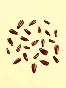 24入組短款杏仁形貓眼實色酒紅假指甲,可重複使用的簡約風格指甲套裝,適用於日常穿著。 - 彩色 - 查看 3