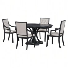 MERAX 5-Piece Dining Table Set, Wood Extendable Round Kitchen Table And 4 Upholstered Dining Chairs Solid Wood Dining Room Table Set For 4 People - Sồi đen - Xem 9