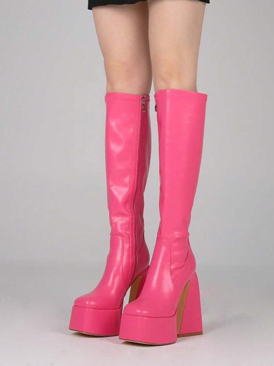 Fashion 2024 Goth Punk Platform Knee High Boots For Women Chunky Heel Tall Stretch Boots Square Toe Combat GoGo Boots Y2k - 玫紅色 - 查看 1