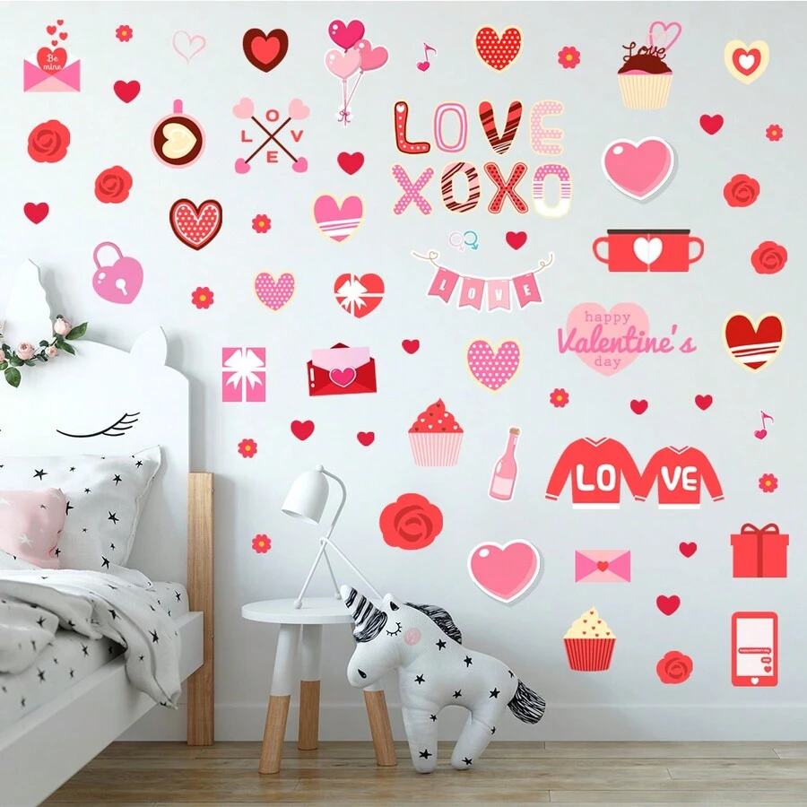 4入組情人節卡通心形裝飾隨機壁貼,可移除pvc材質壁貼,適用於客廳和臥室壁貼,尺寸為11.8英寸x15.7英寸x 4個 - 彩色 - 查看 1
