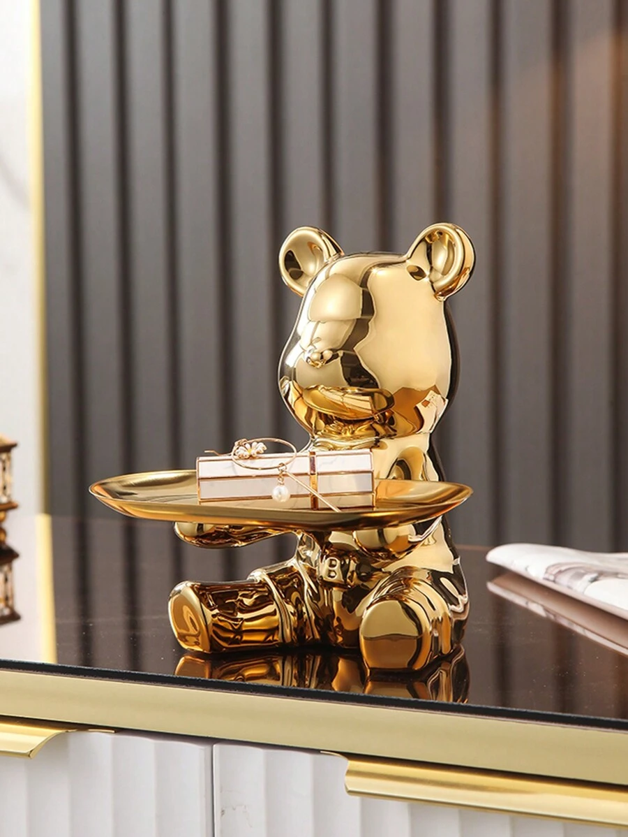 1pc Ceramic Lovely Bear Statue With Tray For Living Room, Entryway Key Storage, Wine Cabinet, Table Decoration, Indoor Money Box, Holiday Gift, Birthday Wishes, Party Supplies, Gift For Boyfriend Or Girlfriend - A Golden Bear Tray - View 1