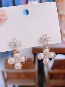 1pair Faux Pearls & Rhinestone Clover & Flower Shaped Personalized Design Elegant Earrings Luxury Women's Jewelry - Multicolor - View 6