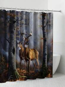 1入組森林鹿淋浴簾&馬桶墊&浴室地墊4件套,防水淋浴簾浴室配件附12個掛鉤 - 彩色 - 查看 5