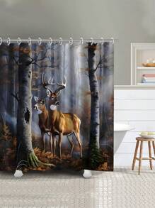 1入組森林鹿淋浴簾&馬桶墊&浴室地墊4件套,防水淋浴簾浴室配件附12個掛鉤 - 彩色 - 查看 8
