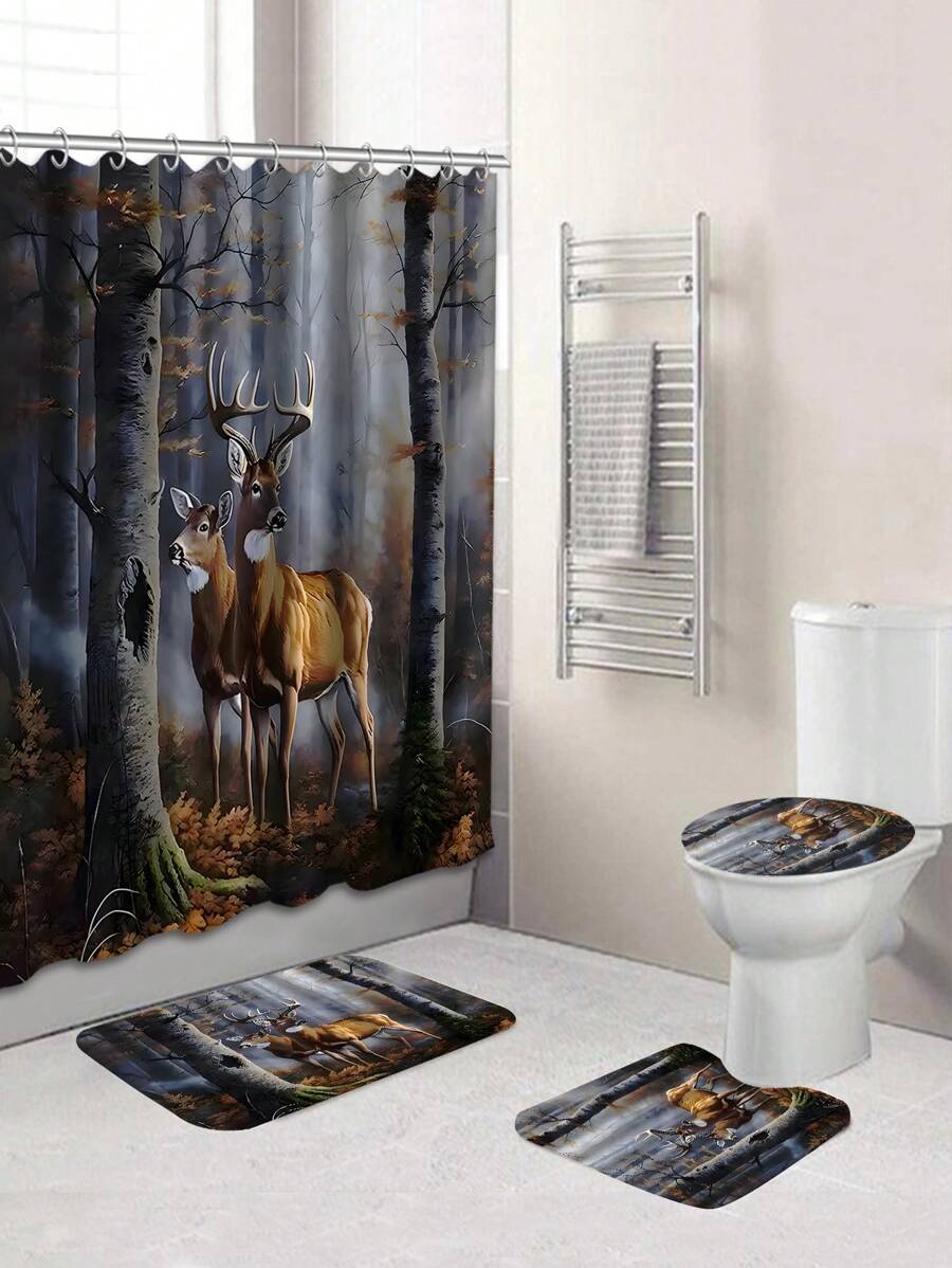 1入組森林鹿淋浴簾&馬桶墊&浴室地墊4件套,防水淋浴簾浴室配件附12個掛鉤 - 彩色 - 查看 1