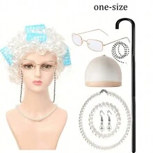 9入組老太婆化妝套裝,適用於100天學校活動和奶奶化妝裝扮,短卷白假髮 - 白色 - 查看 2