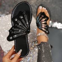 女式時尚休閒蝴蝶裝飾和鑽石設計拖鞋 - 黑色 - 查看 1