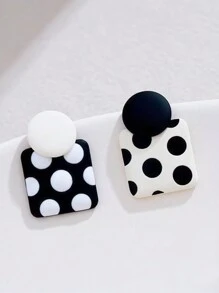 1pair Asymmetrical Square & Circle Black & White Geometric Design Simple & Fashionable Earrings For Women's Jewelry - Multicolor - View 8