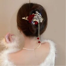 1pc Chinese Style Butterfly & Camellia Flower Ponytail Clip, Retro Hair Accessory With High-End Feeling For Women - Burgundy - View 1