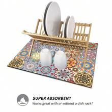 1pc Bohemian Pattern Dish Drying Mat, Diatomite Absorbent Pad For Kitchen, Sink, Bathroom, Countertop, Basin, Quick Drying, Cuttable, Drainage Pad, Water Absorbent