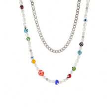 1套男士雙層不銹鋼鍊彩色眼睛和珍珠項鏈 - 銀色 - 查看 5