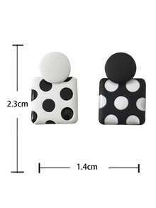 1pair Asymmetrical Square & Circle Black & White Geometric Design Simple & Fashionable Earrings For Women's Jewelry - Multicolor - View 6