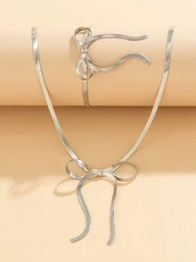 2pcs Fashionable Delicate Bowknot Design Metal Ribbon Necklace & Bracelet For Women, Elegant Jewelry Set Gift - Yellow Gold - View 6