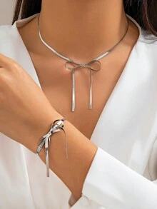 2pcs Fashionable Delicate Bowknot Design Metal Ribbon Necklace & Bracelet For Women, Elegant Jewelry Set Gift - Yellow Gold - View 2