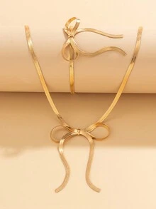 2pcs Fashionable Delicate Bowknot Design Metal Ribbon Necklace & Bracelet For Women, Elegant Jewelry Set Gift - Yellow Gold - View 5