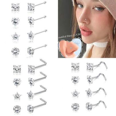 4 Pcs Per Set 20G Stainless Steel Nose Studs Hypoallergenic Nose Stud Piercing Jewelry, 5A Grade Cubic Zirconia Nose Nails For Women Girls For Daily Festivals Vacations Wear And Valentine's Day, Mother's Day, Graduation Season, Christmas Gift