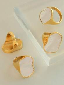 Stainless Steel 18K Gold Plated Asymmetric White Shell Geometric Rings For Women And Girls - Gold - View 4