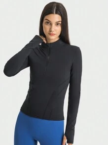 Women'S Long Sleeve Crop Top Quick Dry Cropped Workout Shirts Half Zip Pullover Running Athletic Shirt - Black - View 1