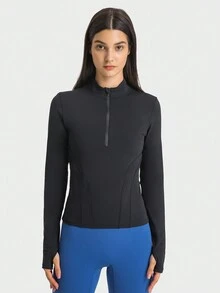 Women'S Long Sleeve Crop Top Quick Dry Cropped Workout Shirts Half Zip Pullover Running Athletic Shirt - Black - View 4