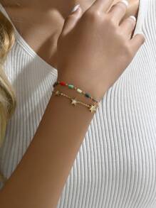 1 件时尚白色珠子和星星和双层彩色玻璃和不锈钢手链，适合女士，优雅、百搭、个性化手链 - 金黃色 - 查看 7