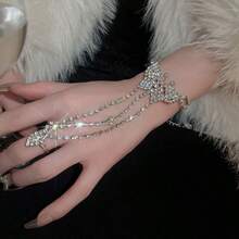 1入組超閃亮鑽石蝴蝶形手鐲,法式風格,豪華的設計風格,將手鐲和戒指結合成一個單品,時尚的網紅配飾,適用於女性日常佩戴和做為假日禮物 - 銀色 - 查看 1