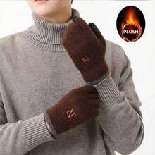 1對男女通用刺繡咖啡色針織五指保暖手套 - 咖啡色 - 查看 1