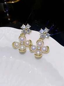1pair Faux Pearls & Rhinestone Clover & Flower Shaped Personalized Design Elegant Earrings Luxury Women's Jewelry - Multicolor - View 2