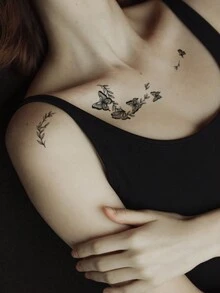 1pc Waterproof & Sweatproof Non-Reflective Temporary Tattoo Sticker With Beautiful Poetic Scenery Of Butterfly Dancing In The Falling Leaves, Suitable For Fashionable People's Daily Use - Black - View 3