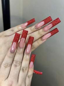 24入組長款xxl方形壓克力假指甲,紅色閃粉沉浸式修甲,圓角法式邊緣假指甲,適用於女性和女孩 - 彩色 - 查看 1