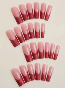 24入組長款xxl方形壓克力假指甲,紅色閃粉沉浸式修甲,圓角法式邊緣假指甲,適用於女性和女孩 - 彩色 - 查看 3