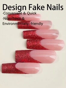 24入組長款xxl方形壓克力假指甲,紅色閃粉沉浸式修甲,圓角法式邊緣假指甲,適用於女性和女孩 - 彩色 - 查看 4